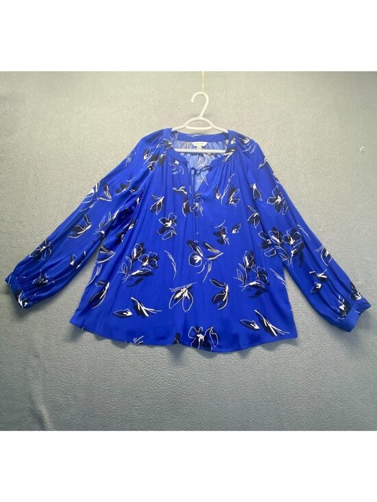 Nine West Tops - Nine West Women 2XL Blue Floral V-Neck Boho Career Romantic Blouse,Long Sleeve